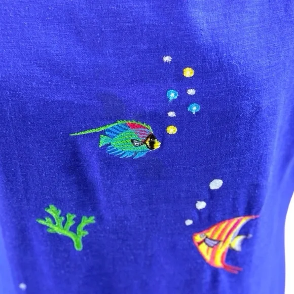 Cobalt Blue Linen Blend Fish Embroidered Shift Dress Coastal 16P - Picture 11 of 11